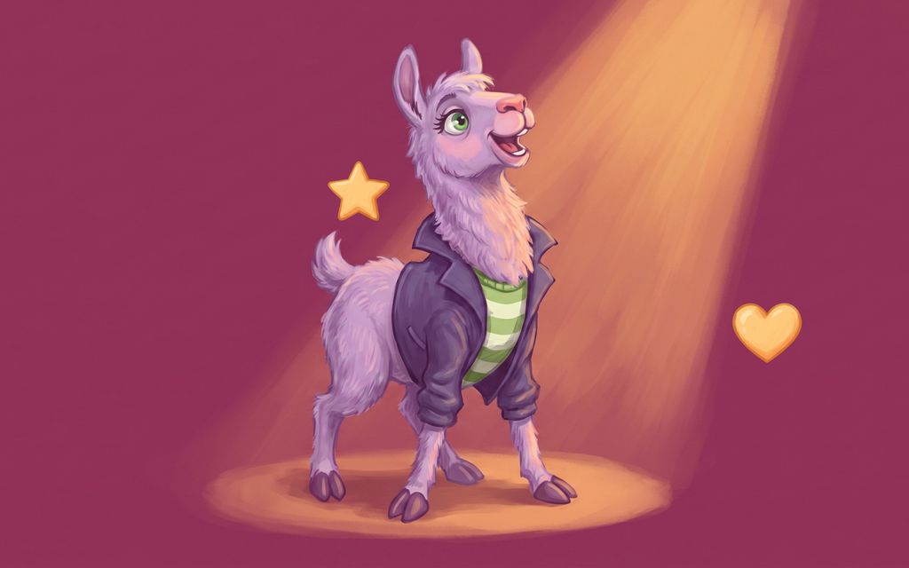 A purple llama taking a bow in a spotlight